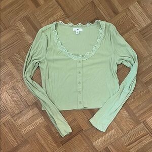 BP Green Button-Down Top with Lace Trim